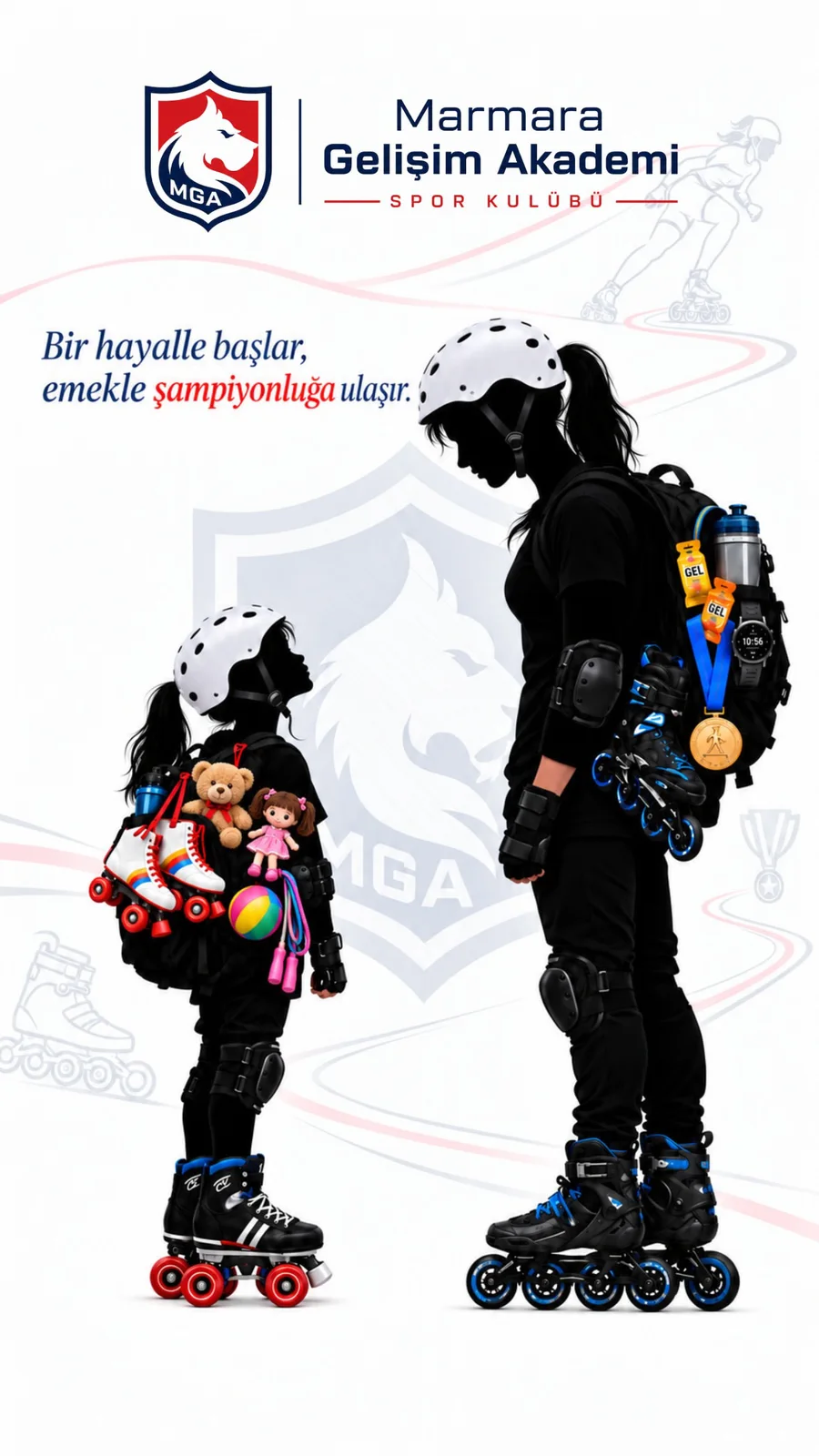 Sırtında oyuncakları ve kırmızı tekerlekli patenleri olan küçük bir kız, sırtında madalyası ve sürat patenleri olan genç hâline bakıyor